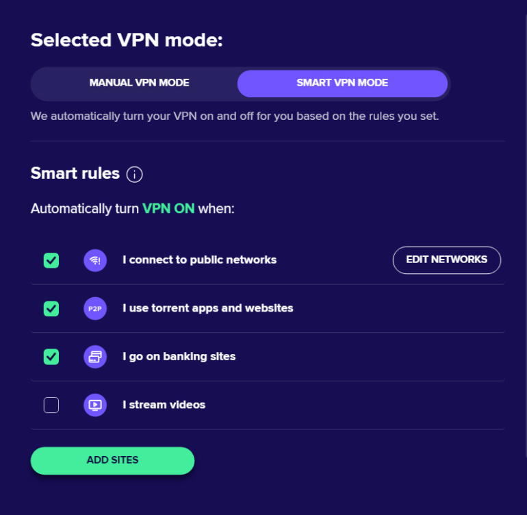 Avast SecureLine VPN's Smart VPN mode.